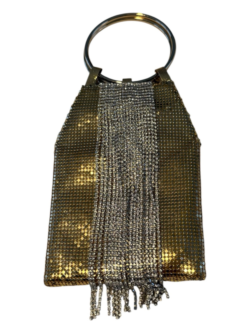 Gold Mesh Ring-Handle Evening Bag with Rhinestone Fringe